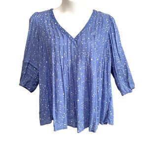 TERRA & SKY Peasant Blouse Womens Size 14W Blue Spotted 3/4 Sleeve Pintuck Loose